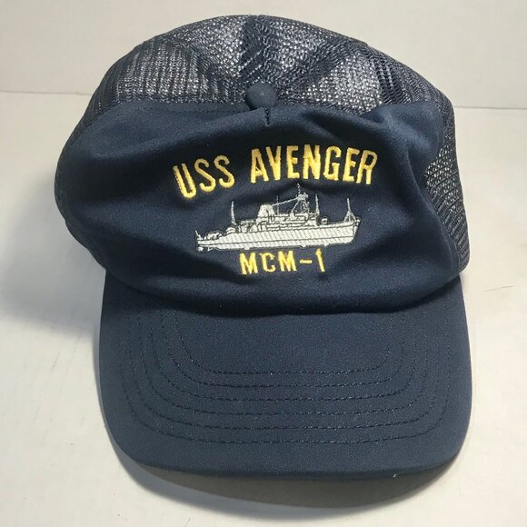 Vintage USS Avenger MCM-1 Navy Ship Snapback Hat Cap Mens Blue Large Made inUSA - Picture 2 of 14